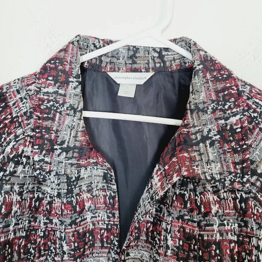 Christopher & Banks Sz Large Jacquard Open Front Jacket Embroidered Red Black